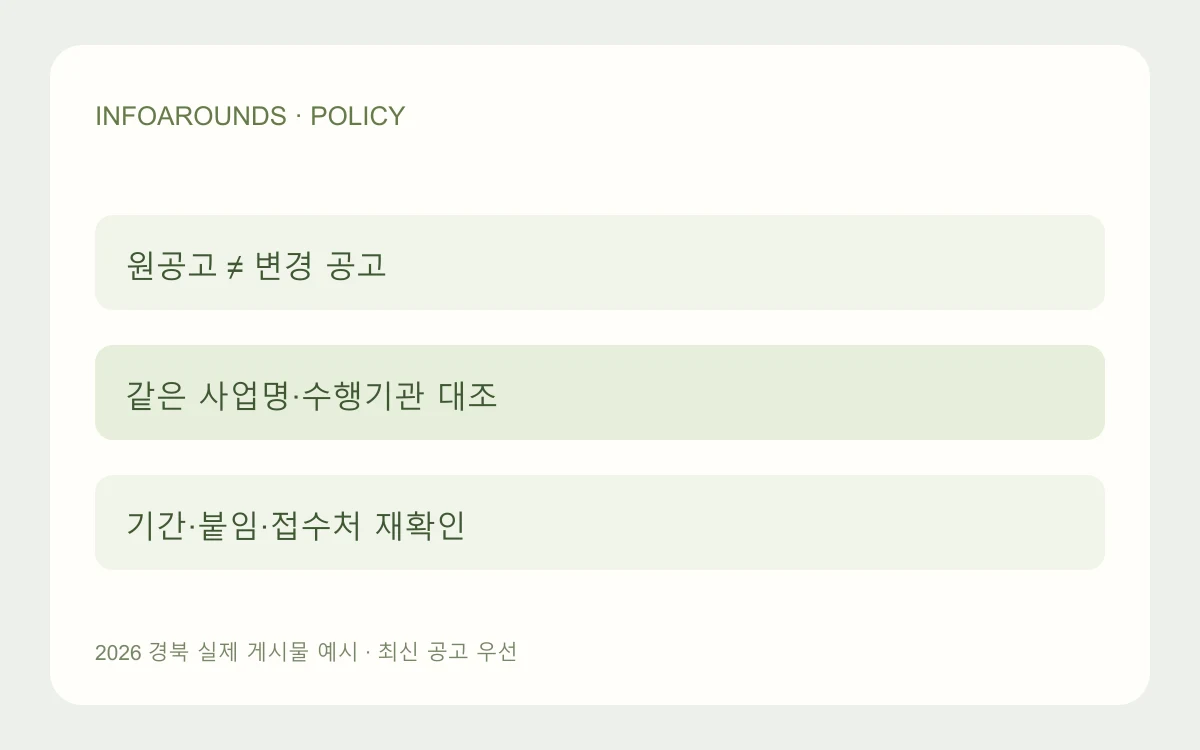 같은 사업의 원공고와 변경 공고를 사업명, 수행기관, 게시일, 첨부서식으로 대조하는 자체 제작 도식