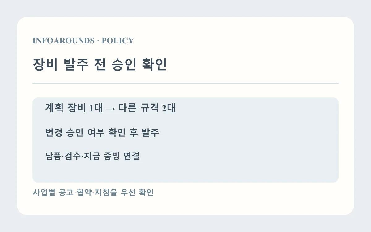 장비 발주 전 승인 확인: 계획의 장비명·수량; 변경승인 필요 여부; 납품·검수·지급 순서. 자체 제작 사업비 설명도