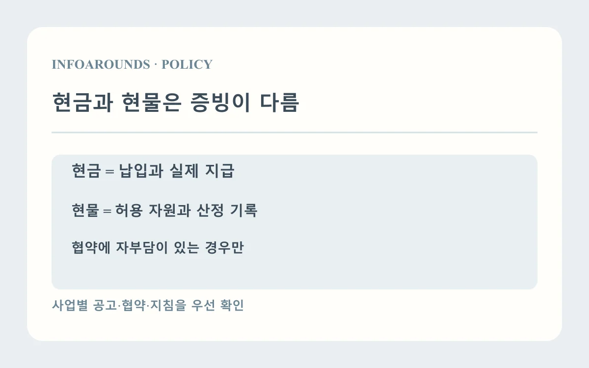 현금과 현물은 증빙이 다름: 현금: 계좌·이체; 현물: 허용항목·사용기록; 동일 비용 중복 제외. 자체 제작 사업비 설명도